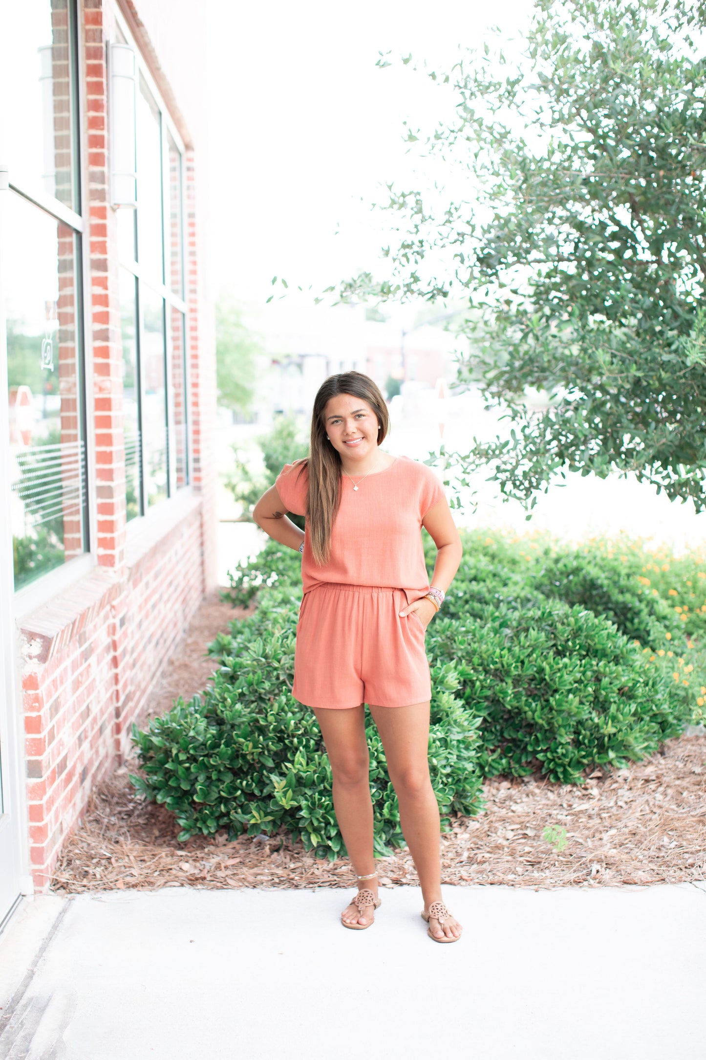 Terracotta Linen Blend High Waist Shorts + Short Sleeve Top (SET)