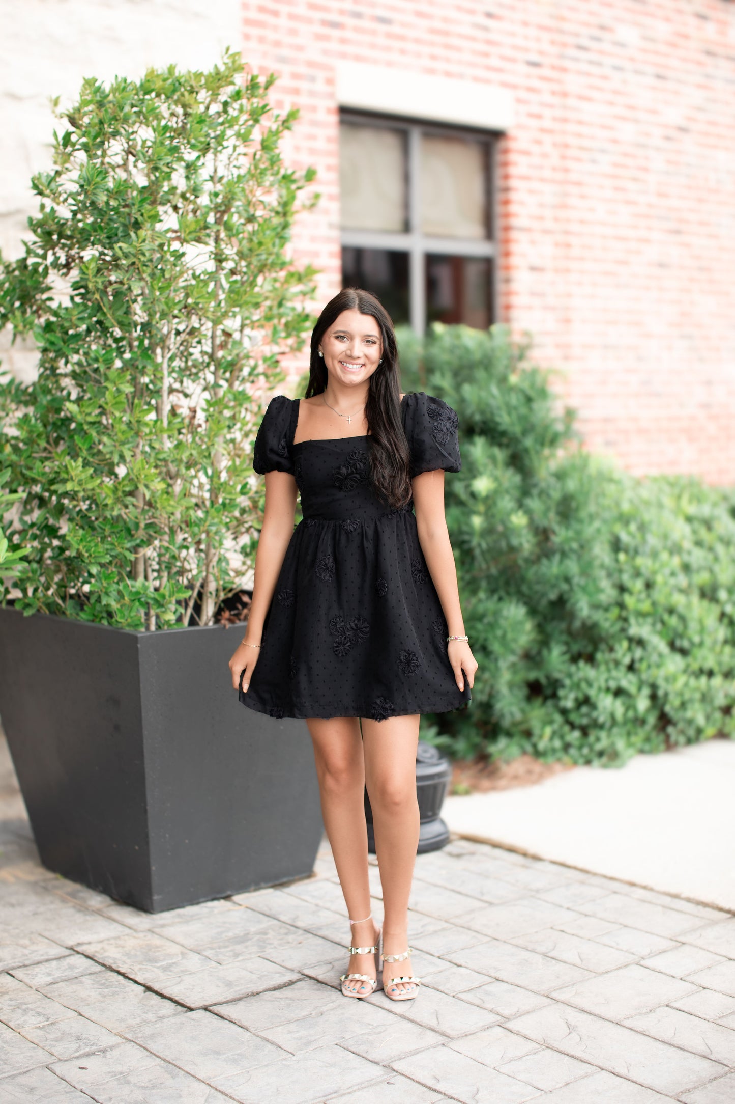 Black Embroidered Floral Puff Sleeve Mini Dress