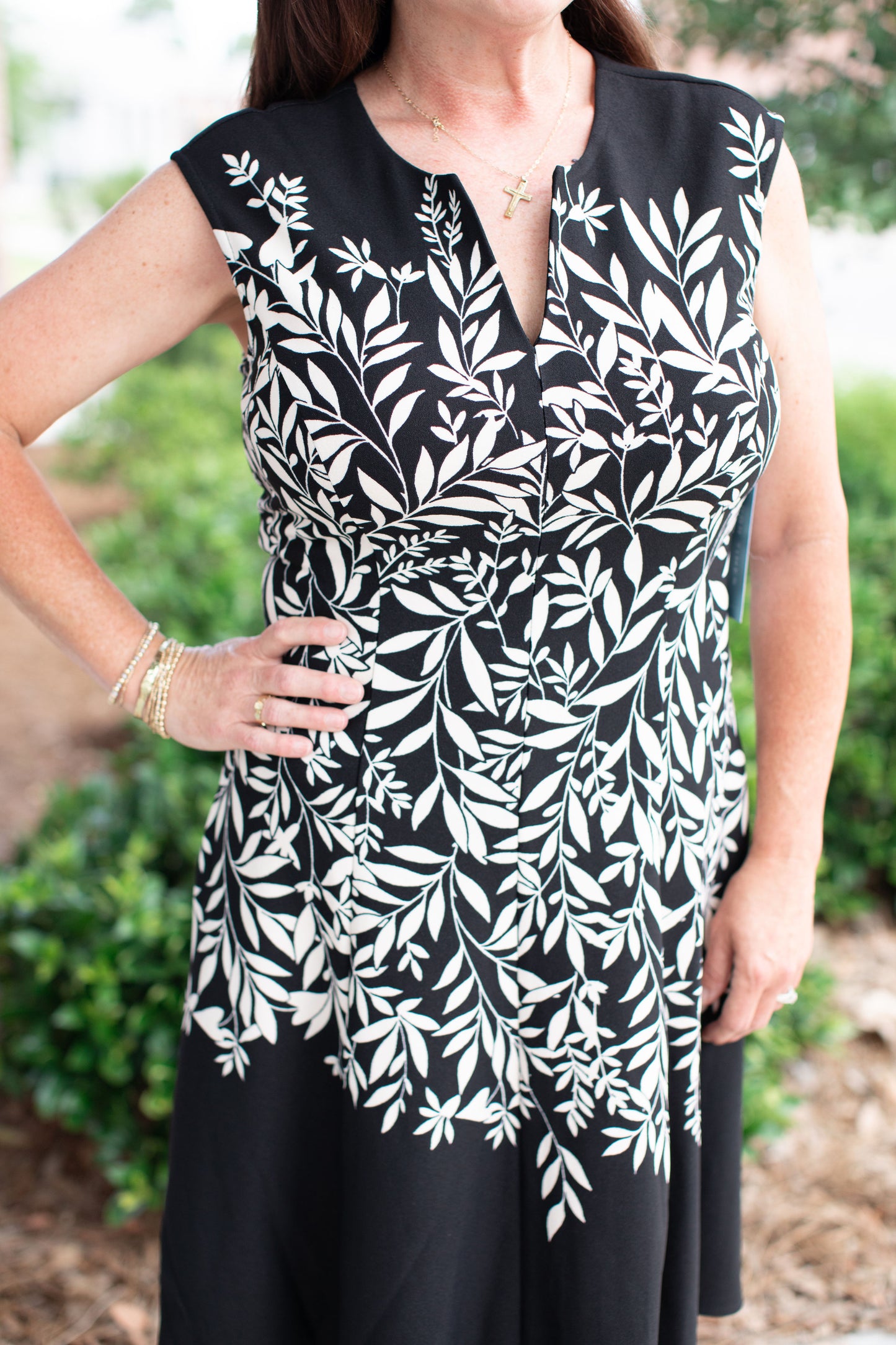 Black/Cream Split Neck Fit and Flare Dress