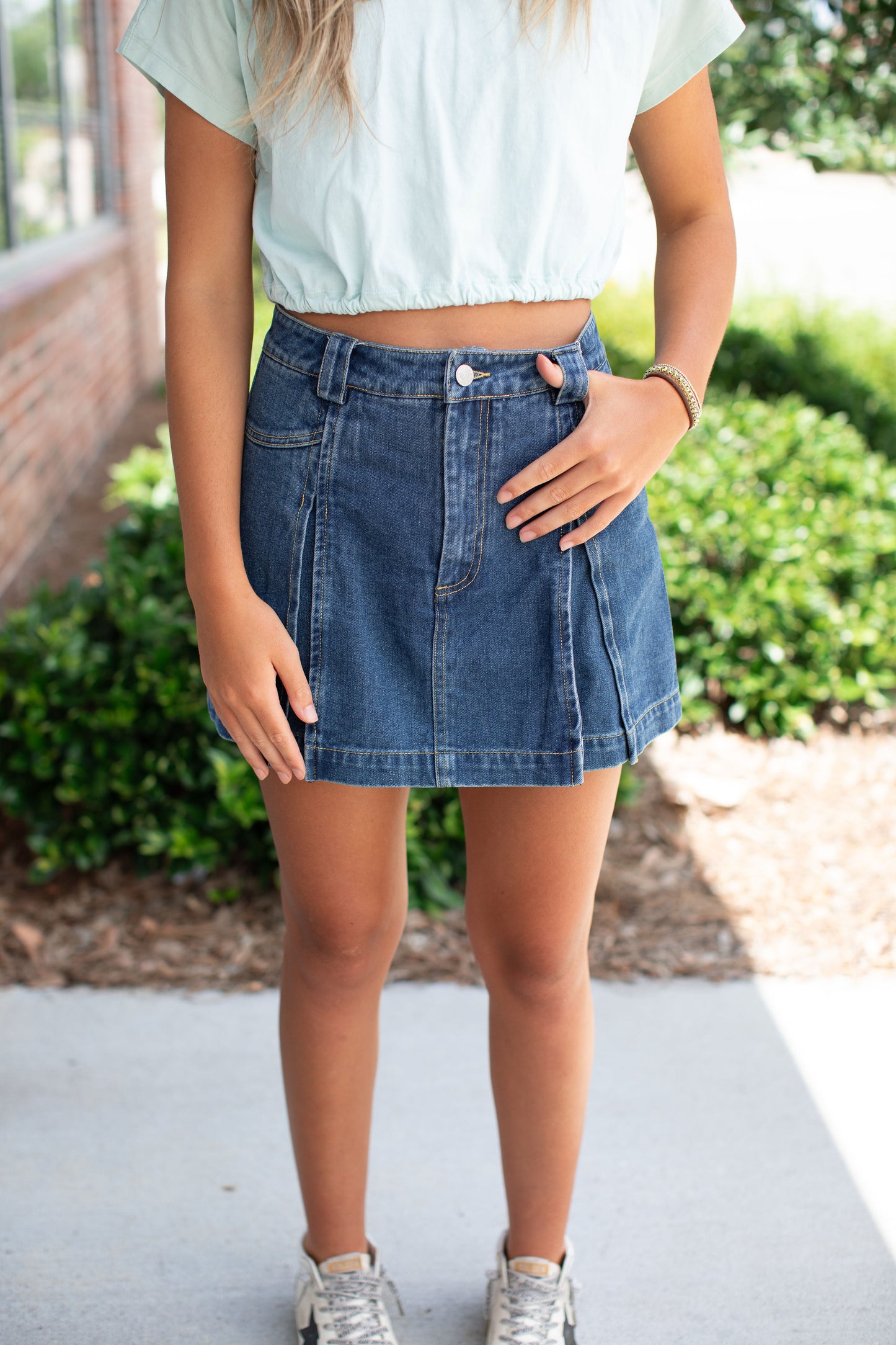 Front Pleated Denim Skort