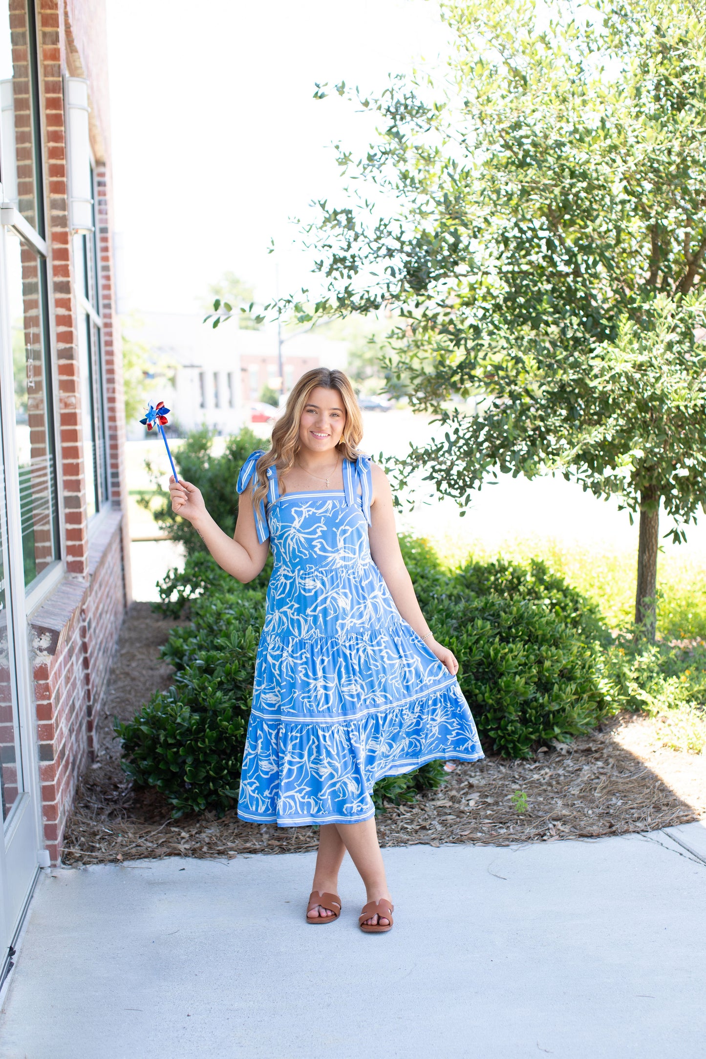 Ocean Blue-Abstract Spaghetti Tie Strap Midi Dress