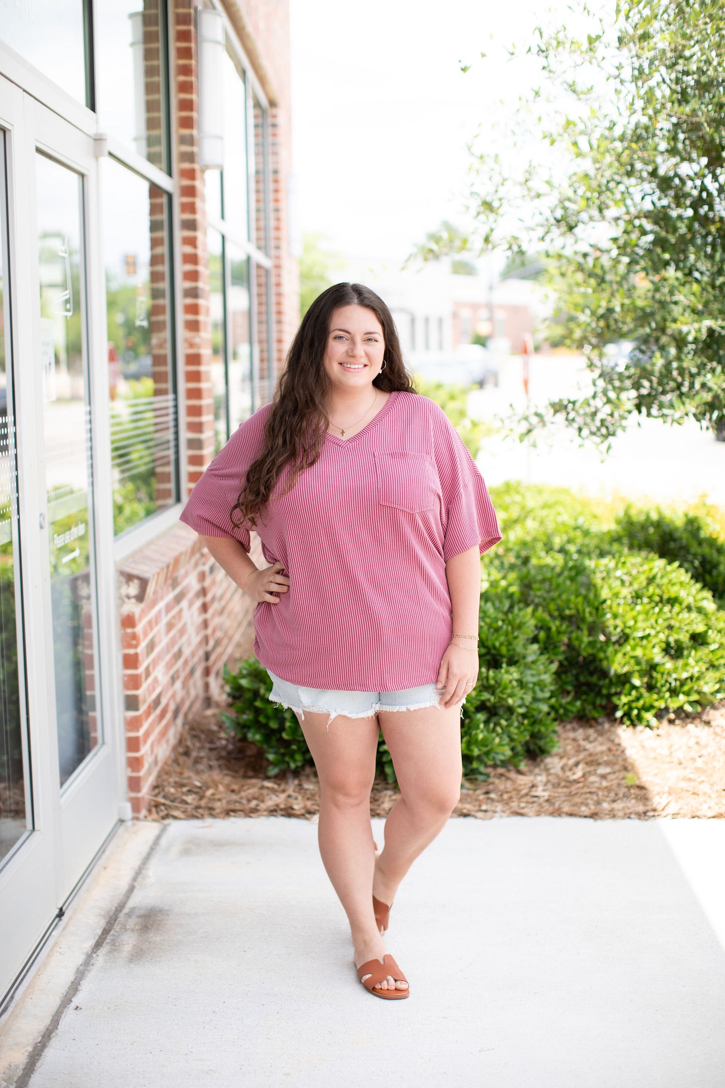 Rose Pink Textured V-Neck Top