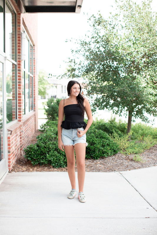 Bubble Hem Tank Top-Black