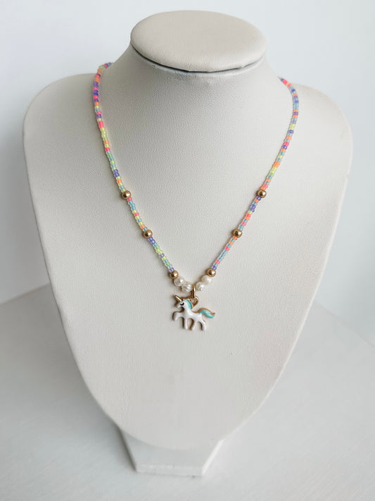 Kids Neon Multi Beaded Unicorn Necklace