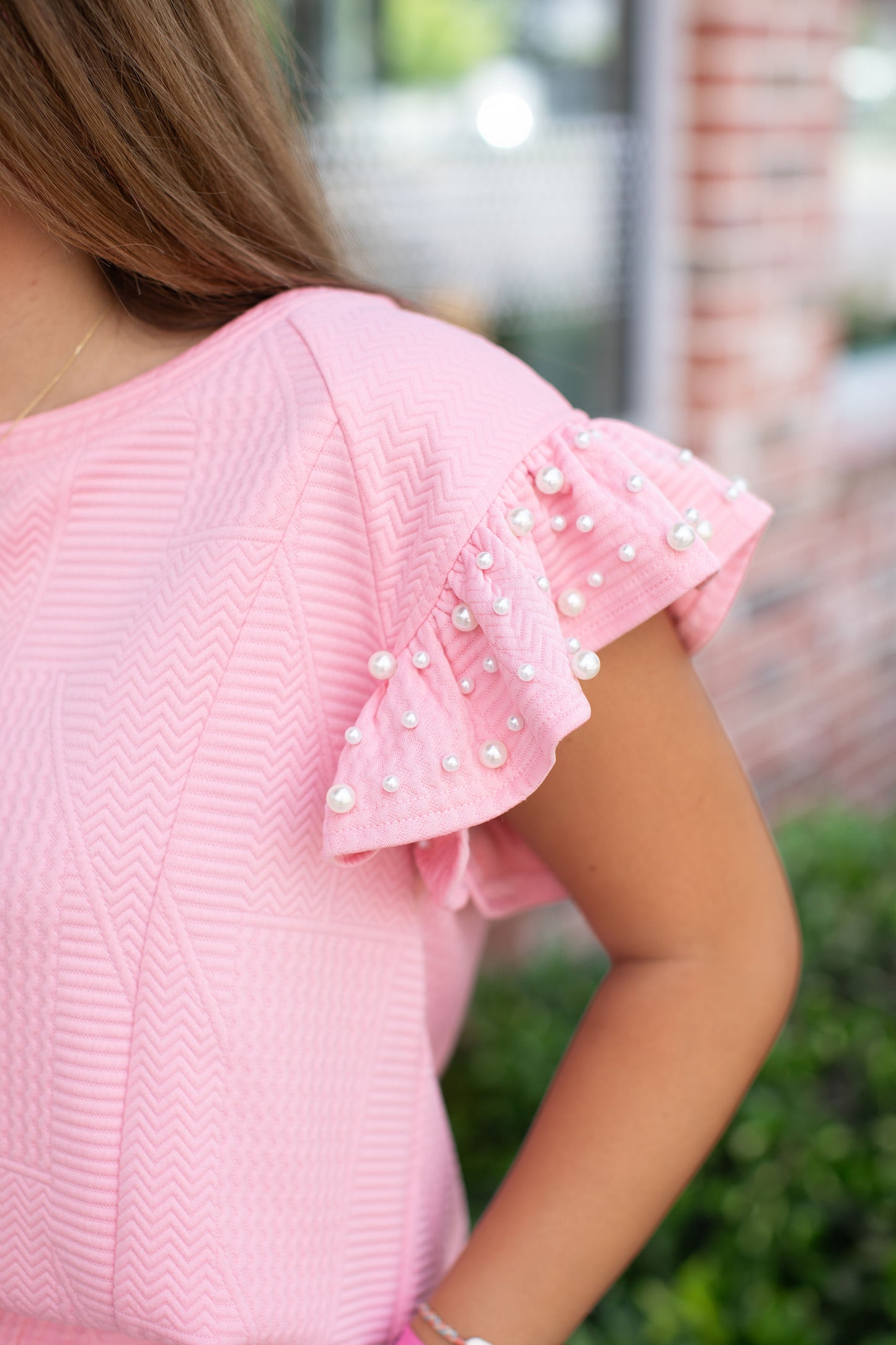 Pink Knit Pearls Top And Shorts Set