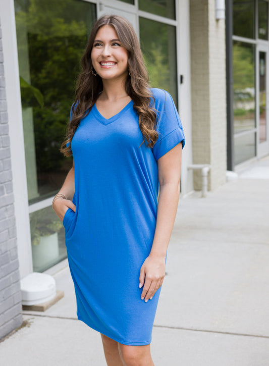 Ocean Blue Rolled Short Sleeve V Neck Dress