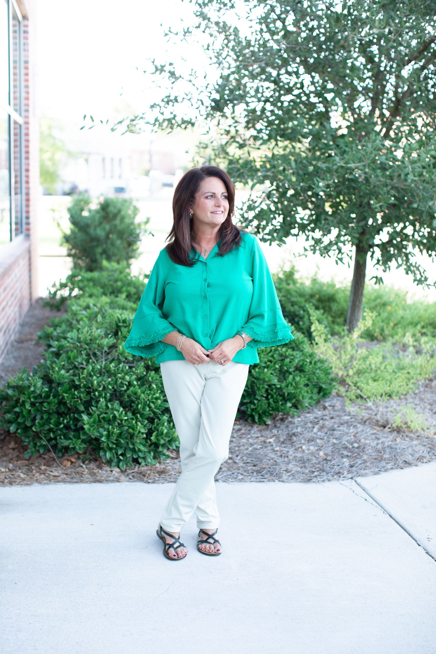 Button Down Collared Top-Emerald Green