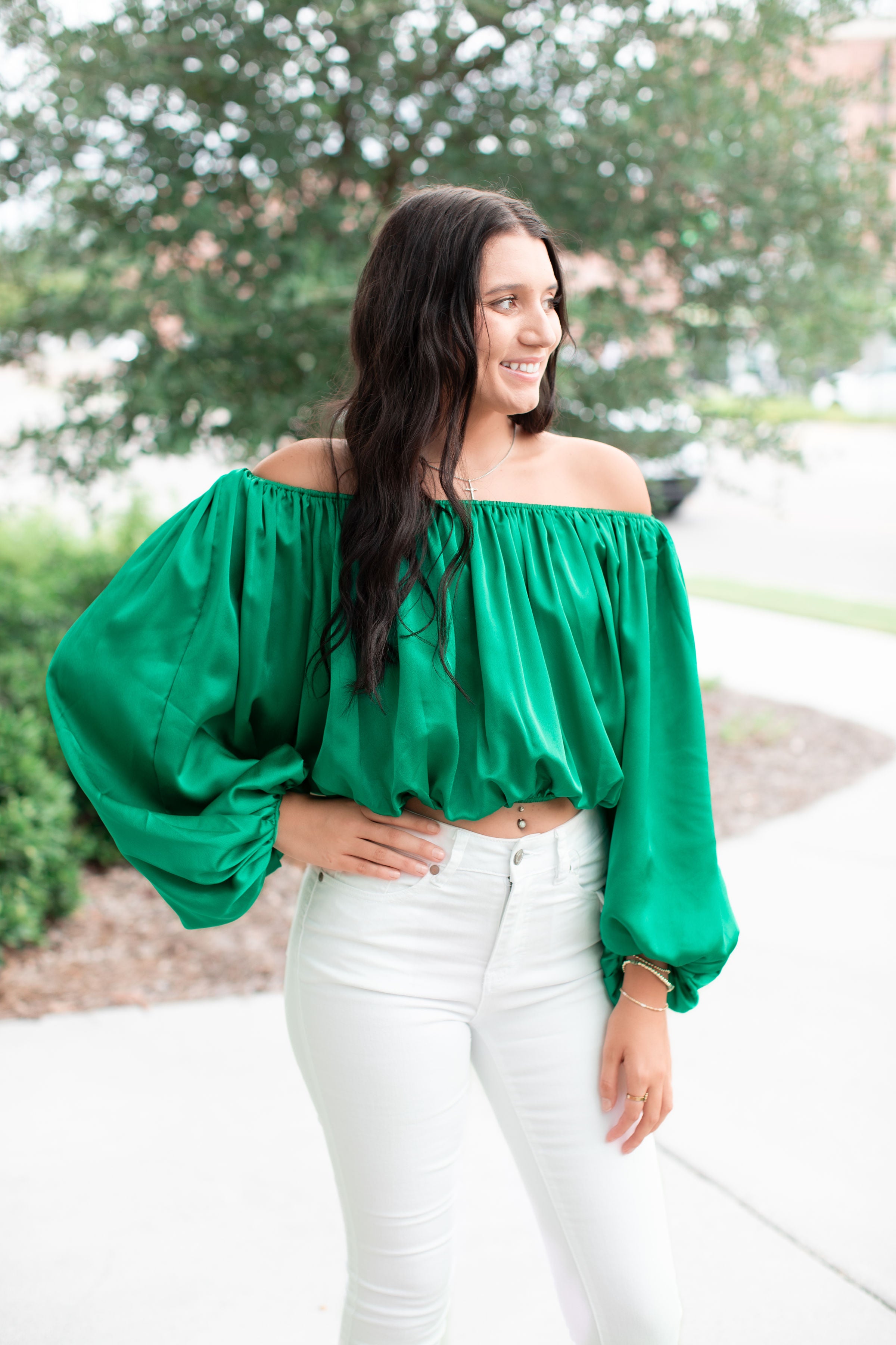 Off Shoulder Satin Balloon Sleeve Top Green