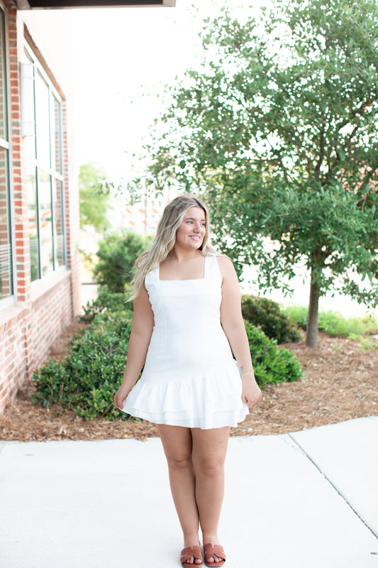White Mini Dress with Ruffle Hem