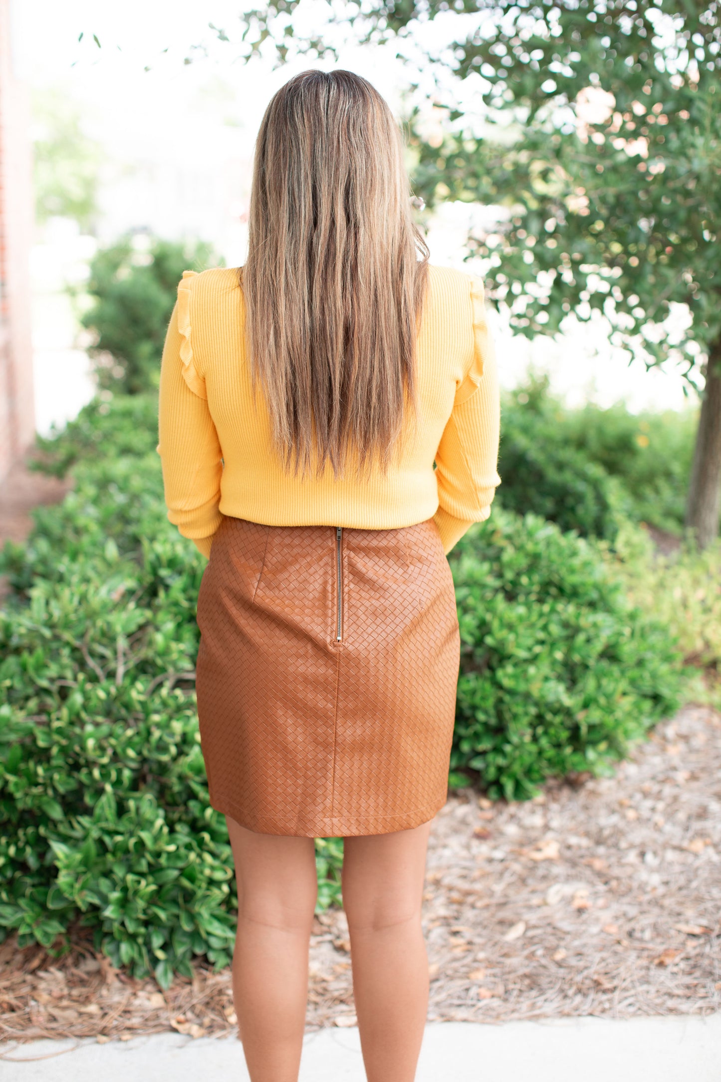 Faux Leather Weave Mini Skirt-Camel