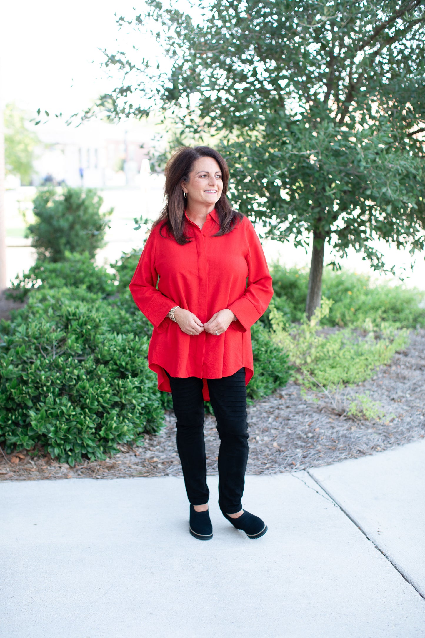 Long Sleeve Button Up Top-Red