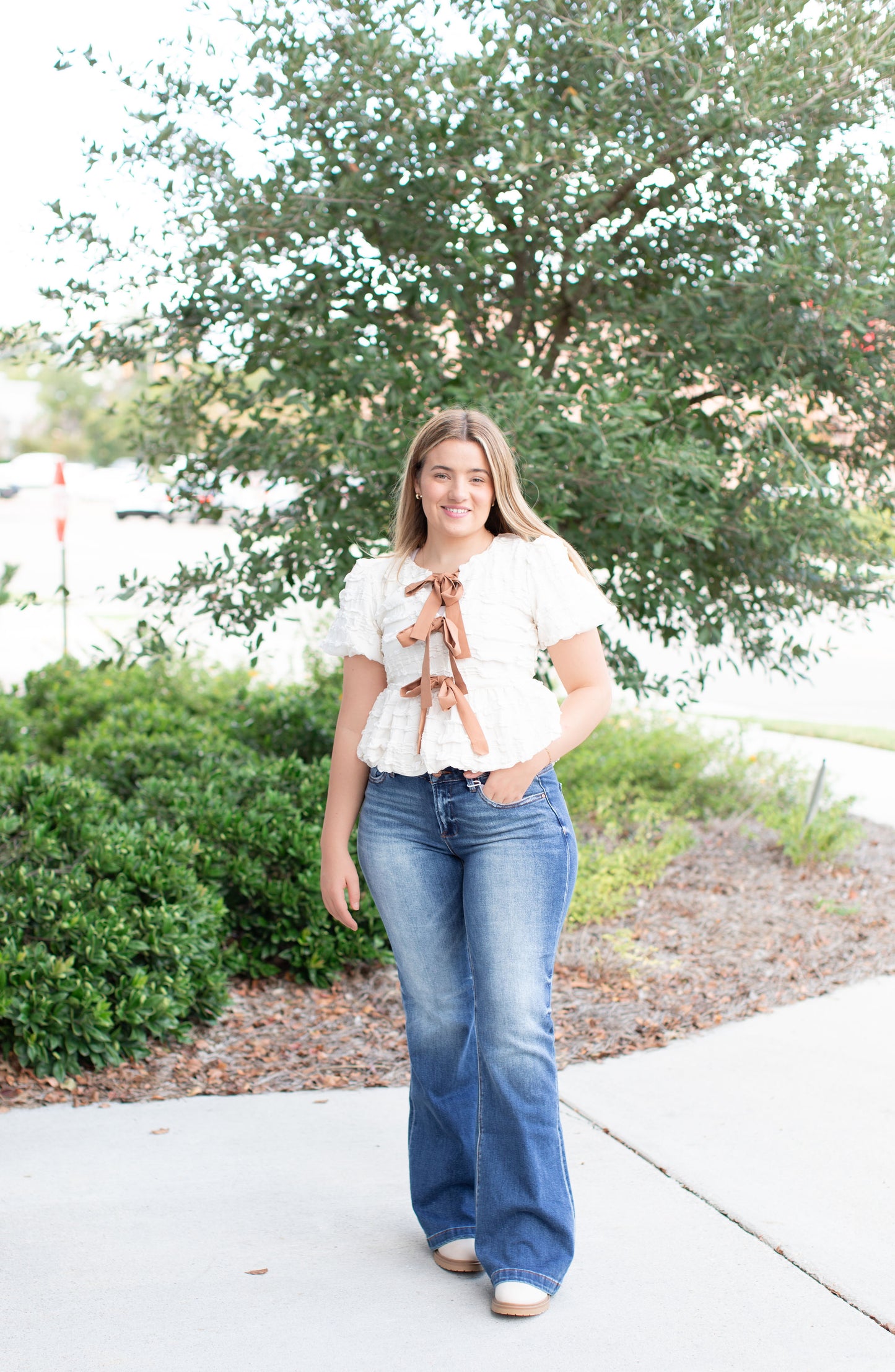 Bubble Babydoll Blouse With Textured Fabric And Contrast Bow