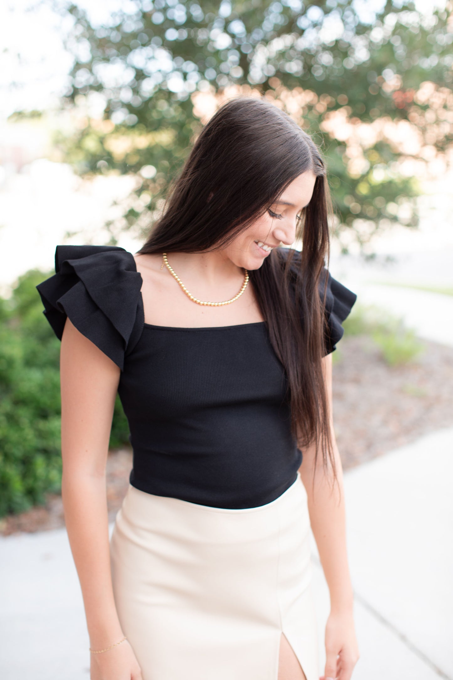 Ruffled Tiered Cap Sleeve Sweater Top-Black