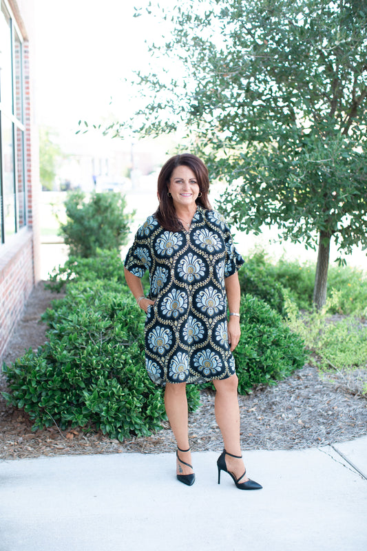 Print Ruffle V-Neck Dress