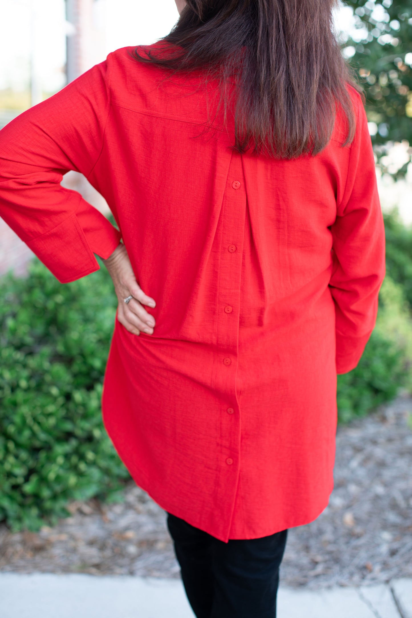 Long Sleeve Button Up Top-Red