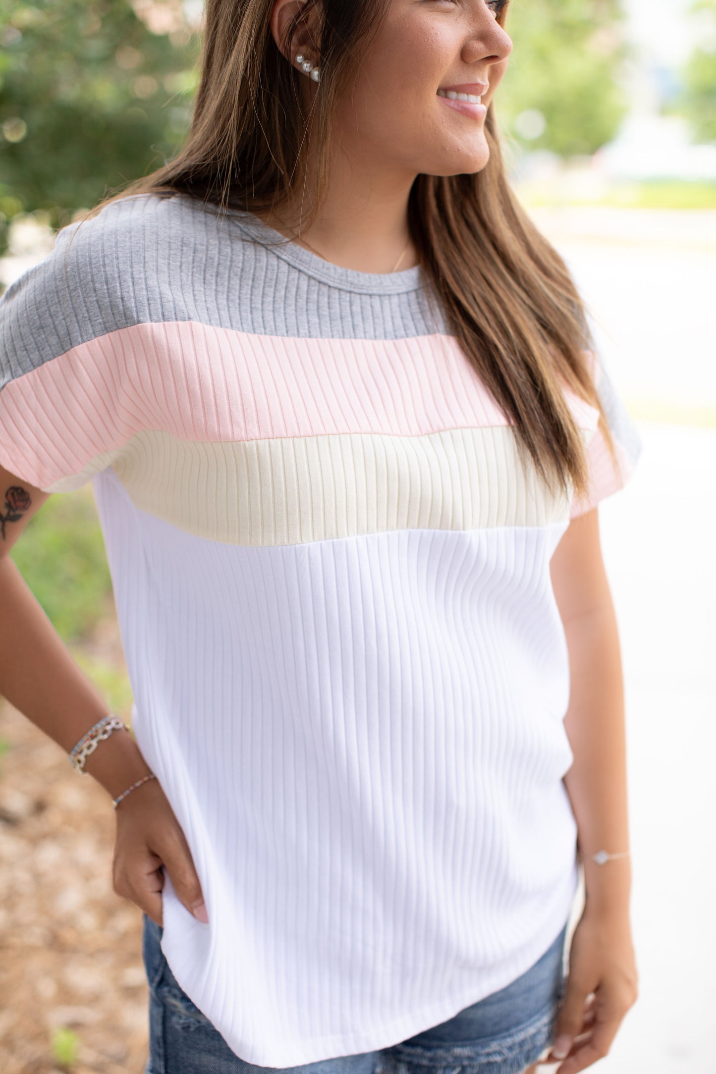 Ribbed Color Block Patchwork T- Shirt