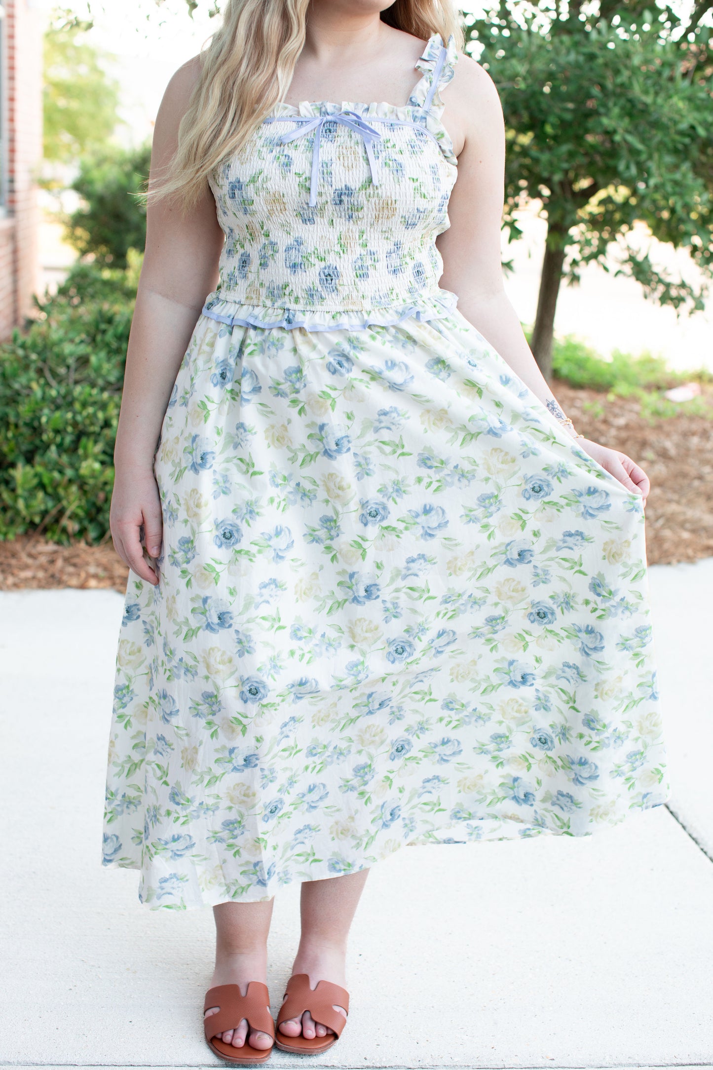 Lovely Floral Smocked Midi Dress With Bow