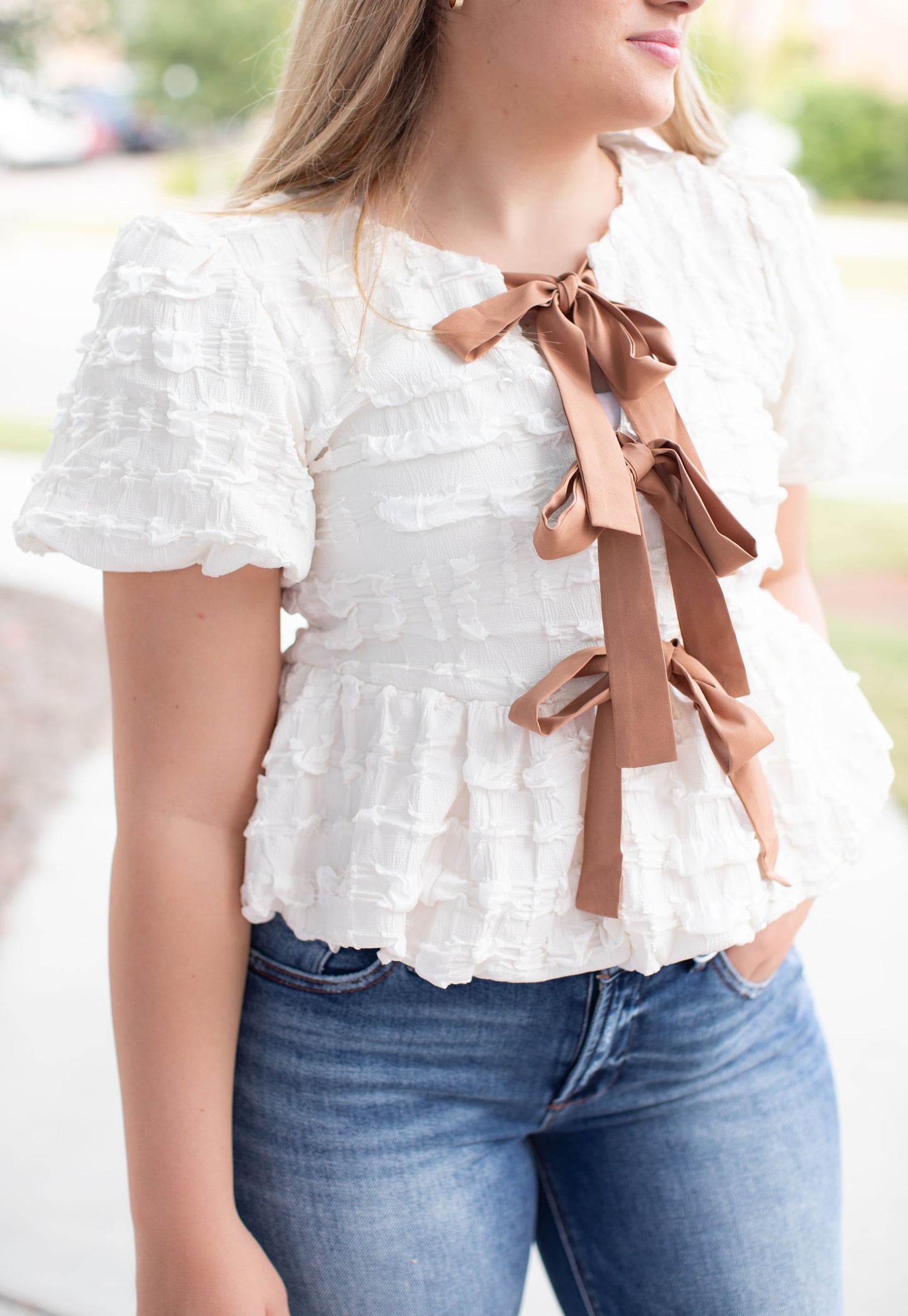 Bubble Babydoll Blouse With Textured Fabric And Contrast Bow