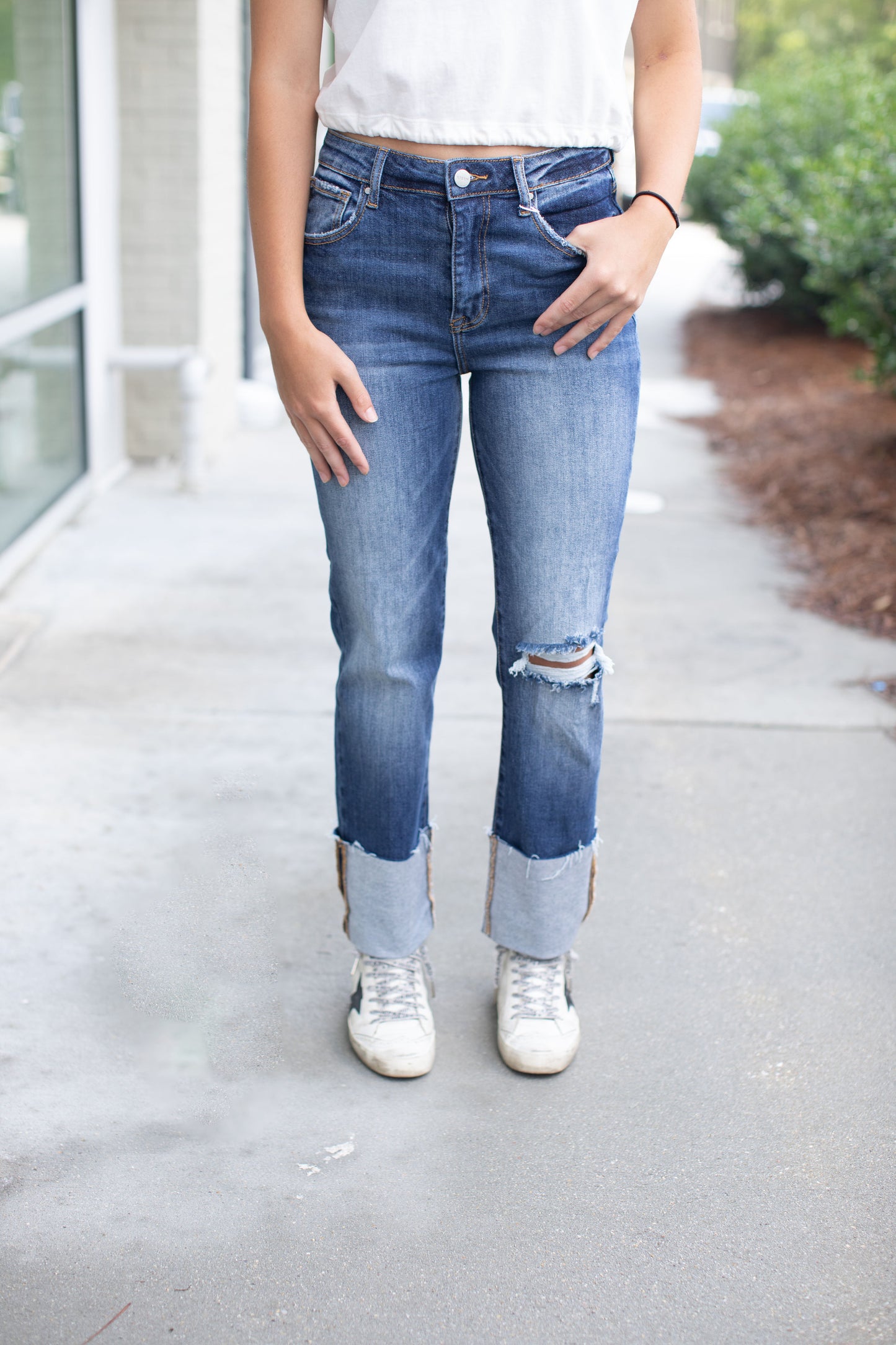 High Rise-Ankle Straight-Wide Cuffed Jeans