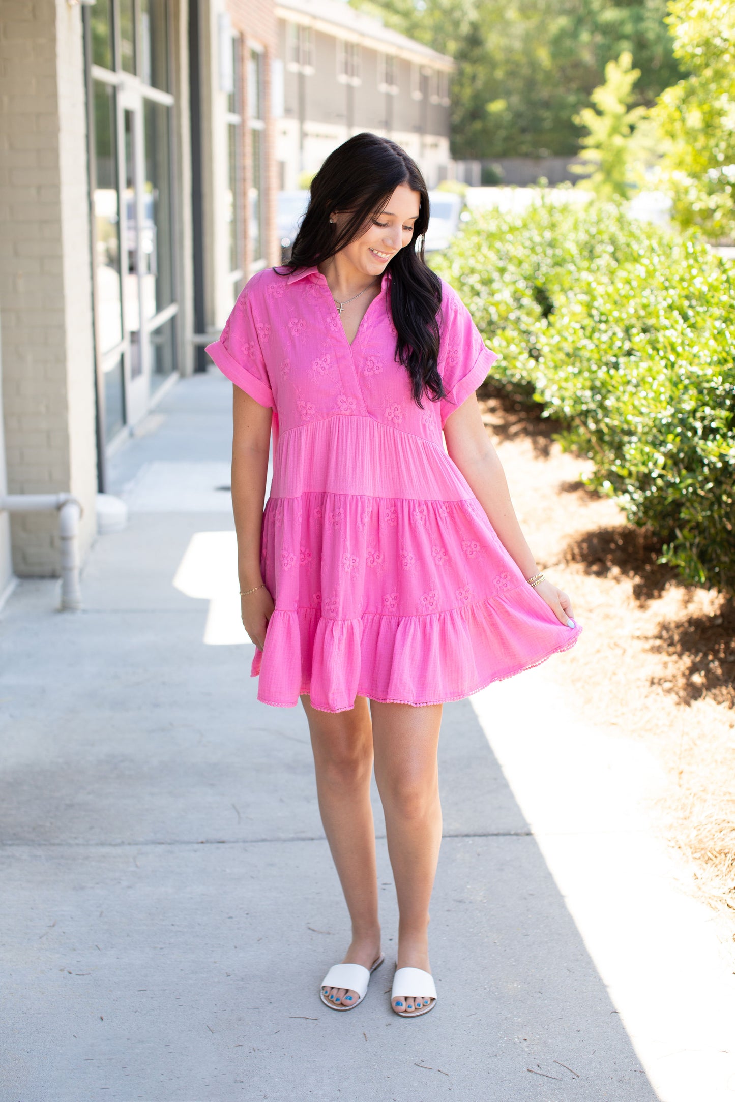 Pink-Floral Eyelet Detailed Dress