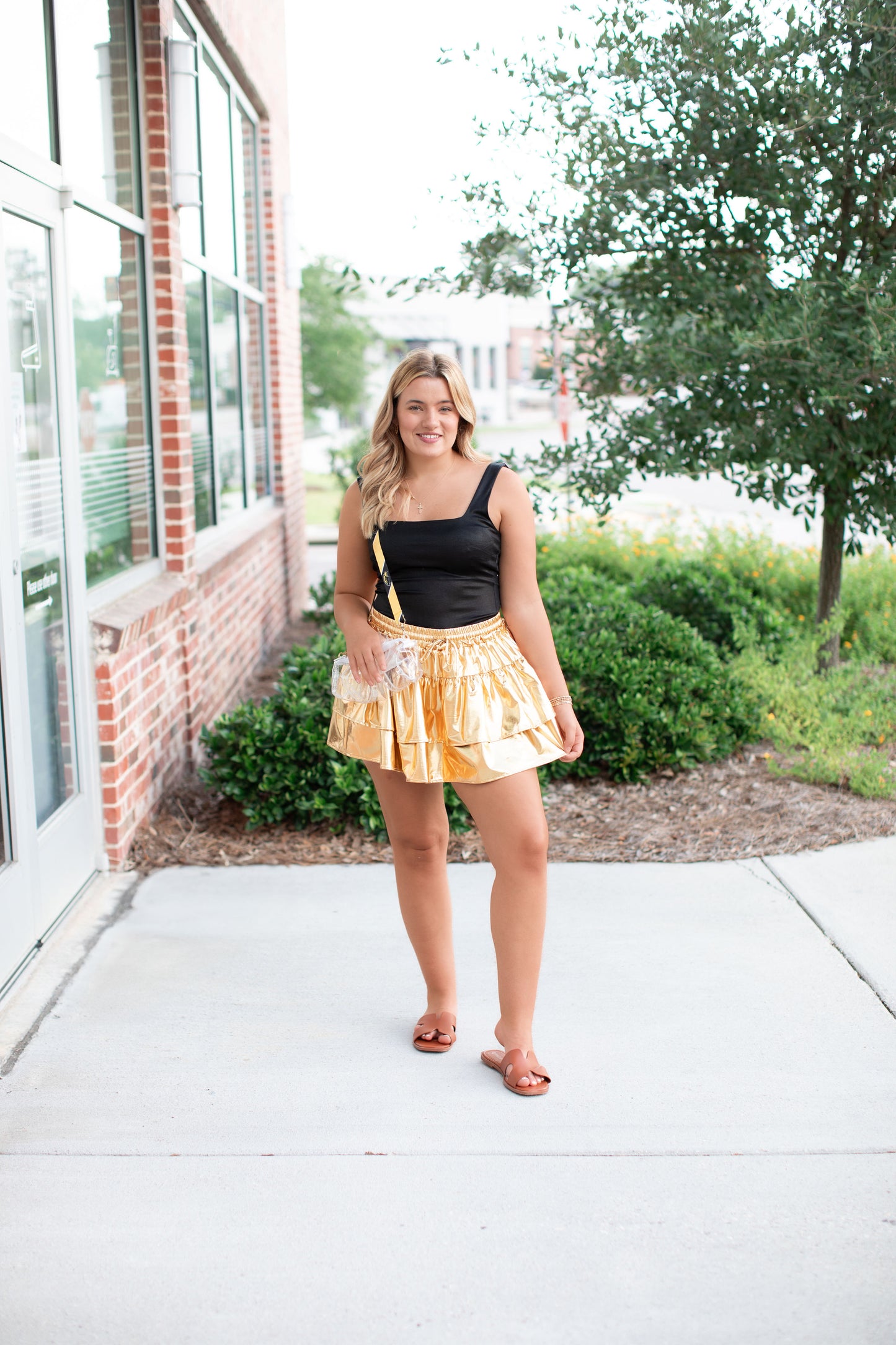 Gold Tiered Foil Knit High Waisted Skort