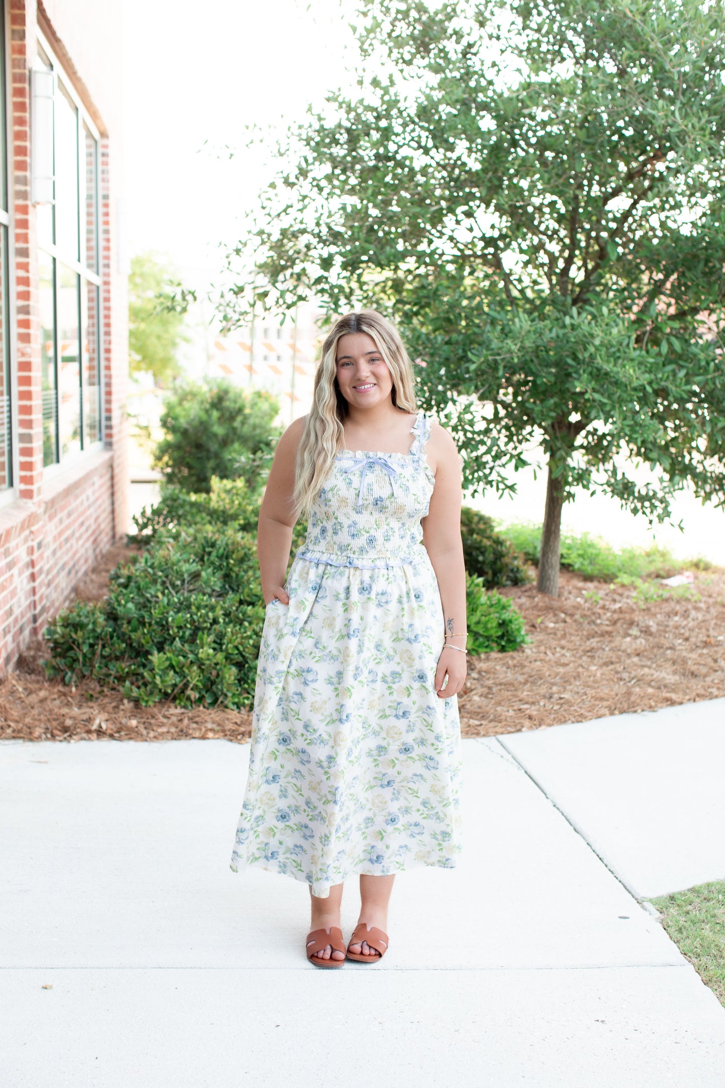 Lovely Floral Smocked Midi Dress With Bow