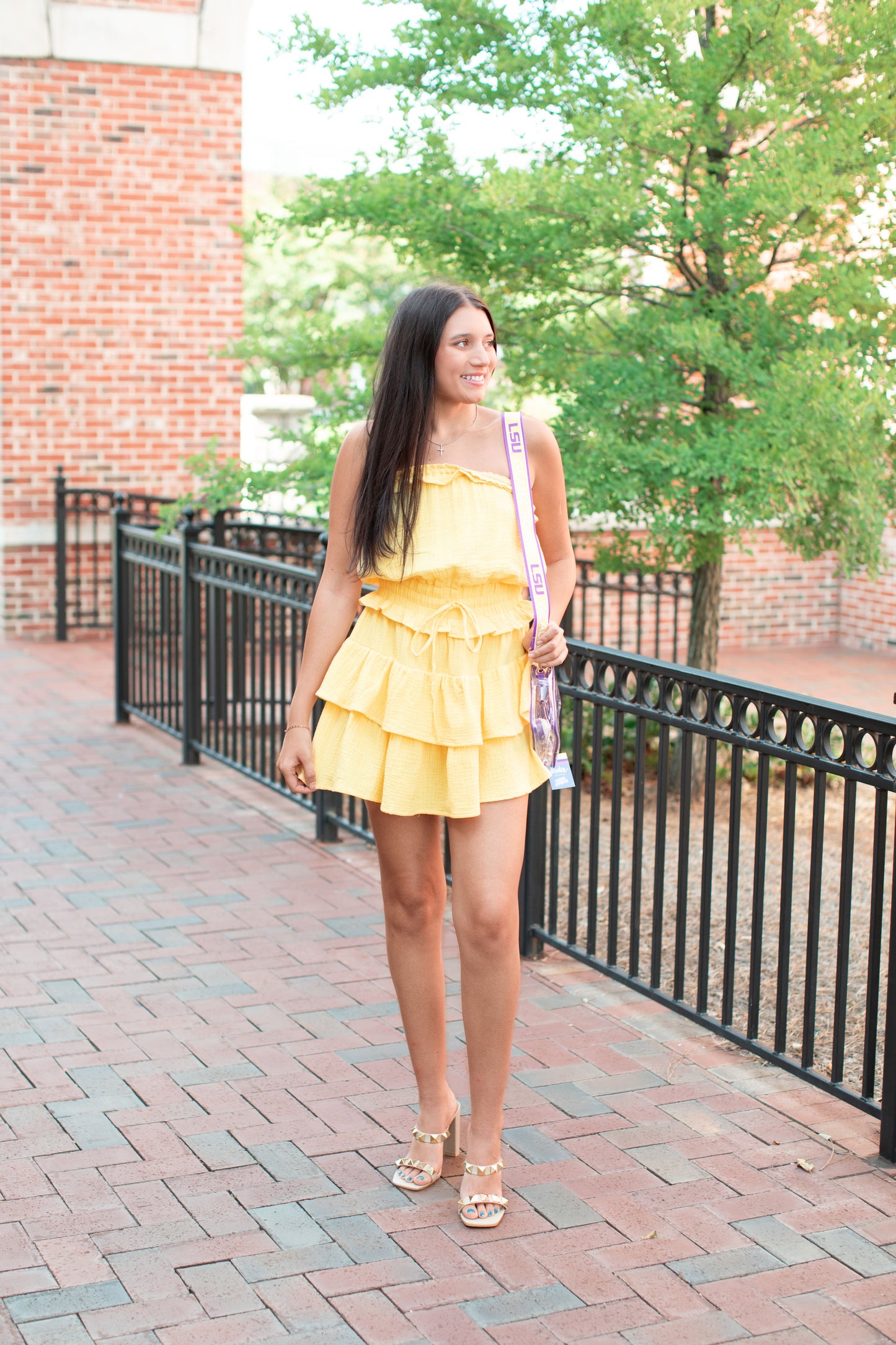 Gauze Tiered Game Day Dress-Yellow