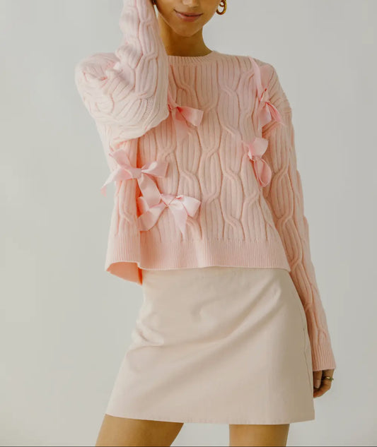 Pink Cable Bow Knit Sweater