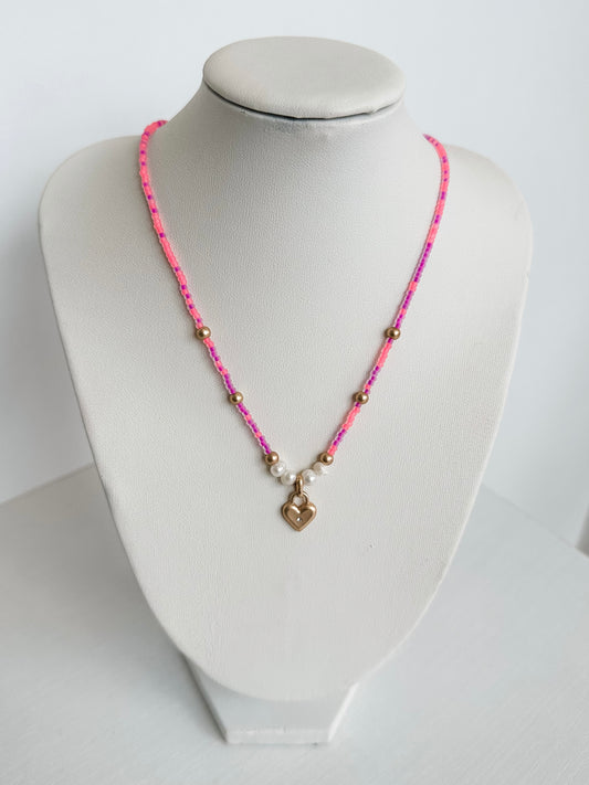 Kids Neon Multi Pink Beaded Gold Heart Necklace