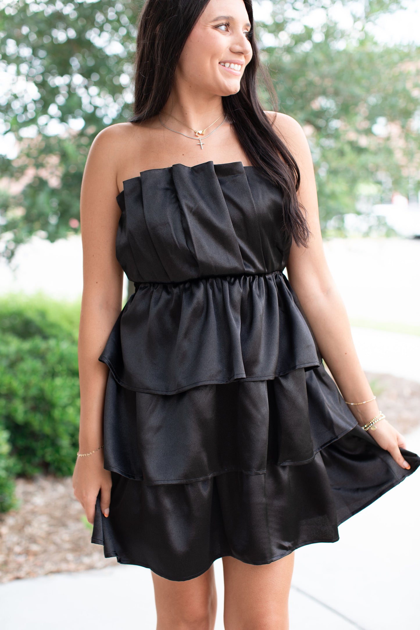 Black Strapless Tiered Dress