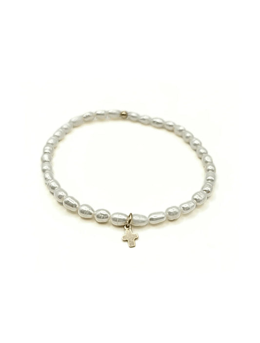 Rice Pearl Waterproof Bracelet w/ Gold Filled Luxe Cross