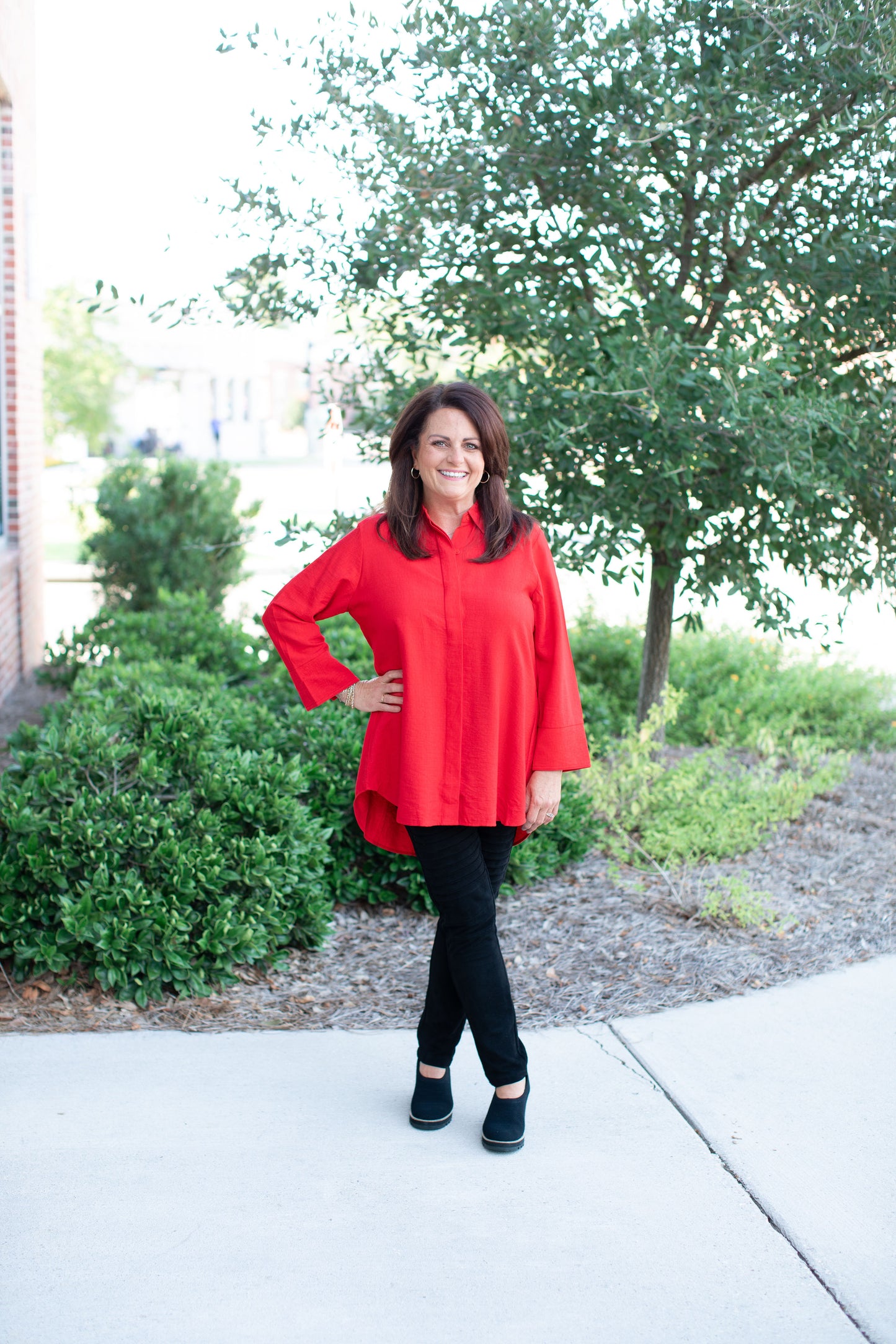 Long Sleeve Button Up Top-Red