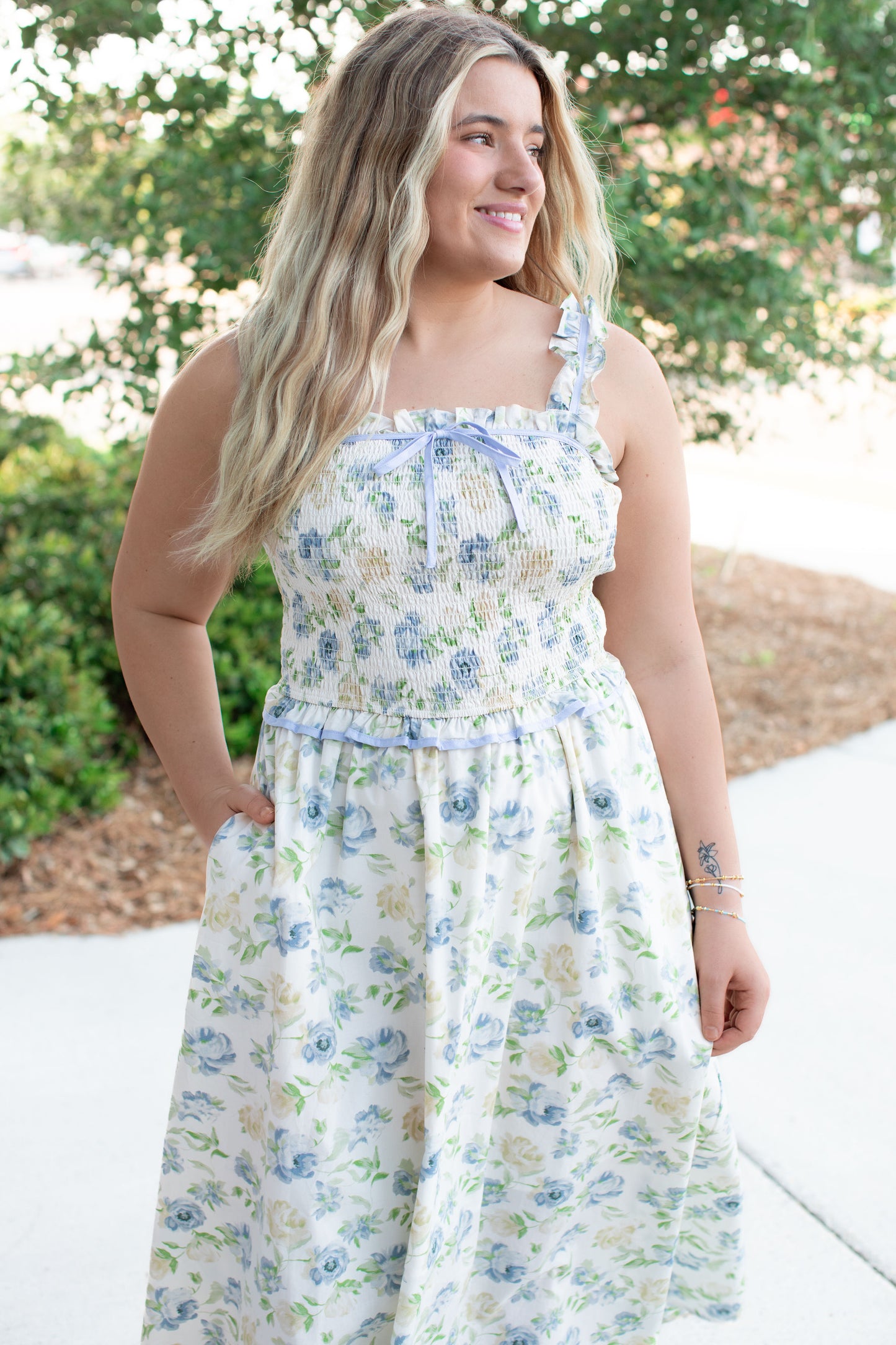 Lovely Floral Smocked Midi Dress With Bow