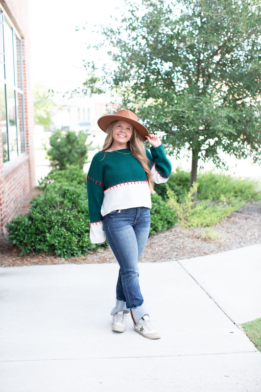 Hand Stitched Detail Color Block Cropped Sweater-H. Green