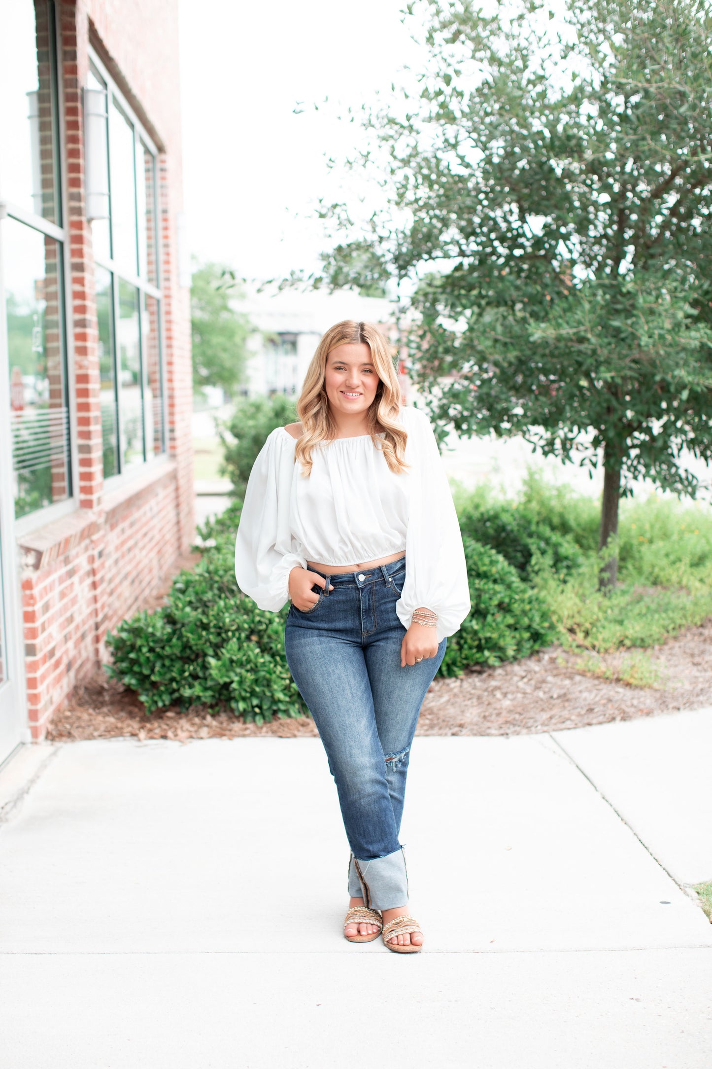 Off Shoulder Satin Balloon Sleeve Top-Off White