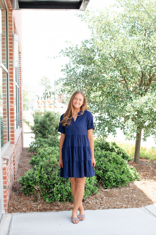 Tiered Linen Dress-Navy