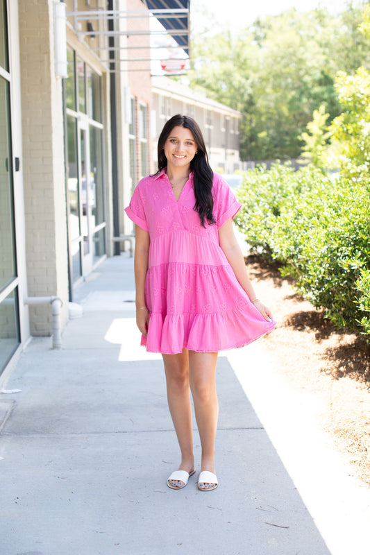 Pink-Floral Eyelet Detailed Dress