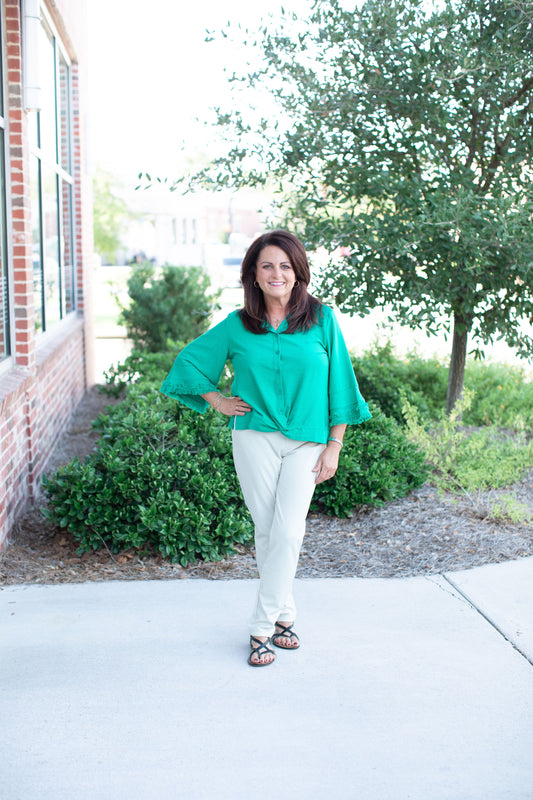 Button Down Collared Top-Emerald Green