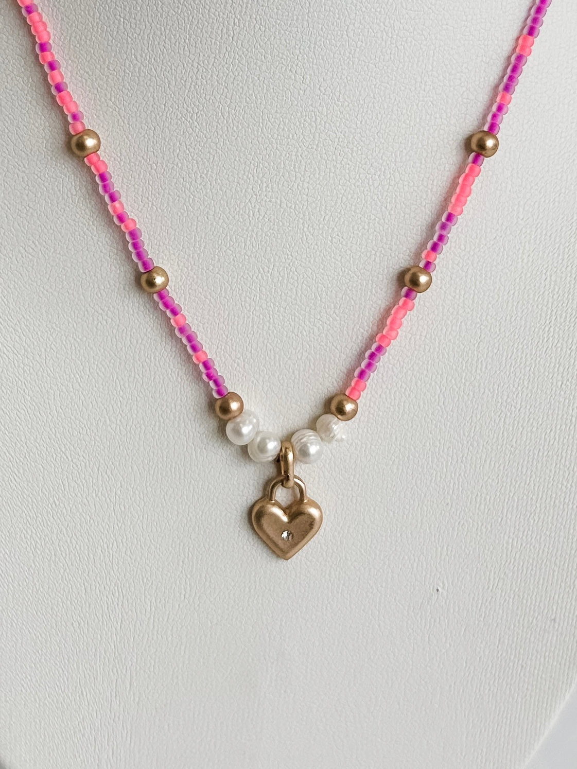 Kids Neon Multi Pink Beaded Gold Heart Necklace