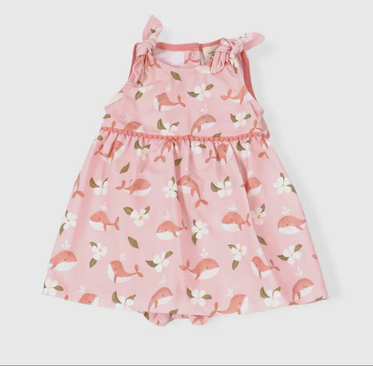 Gardenia Whale Shoulder Tie Baby Dress & Bloomer Set