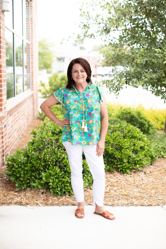 Tropical Floral Flutter Sleeve Top