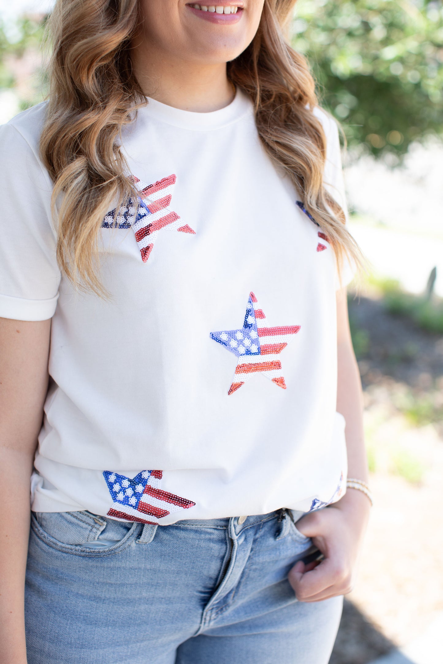 Sequined American Flag Star Knot Graphic Tee