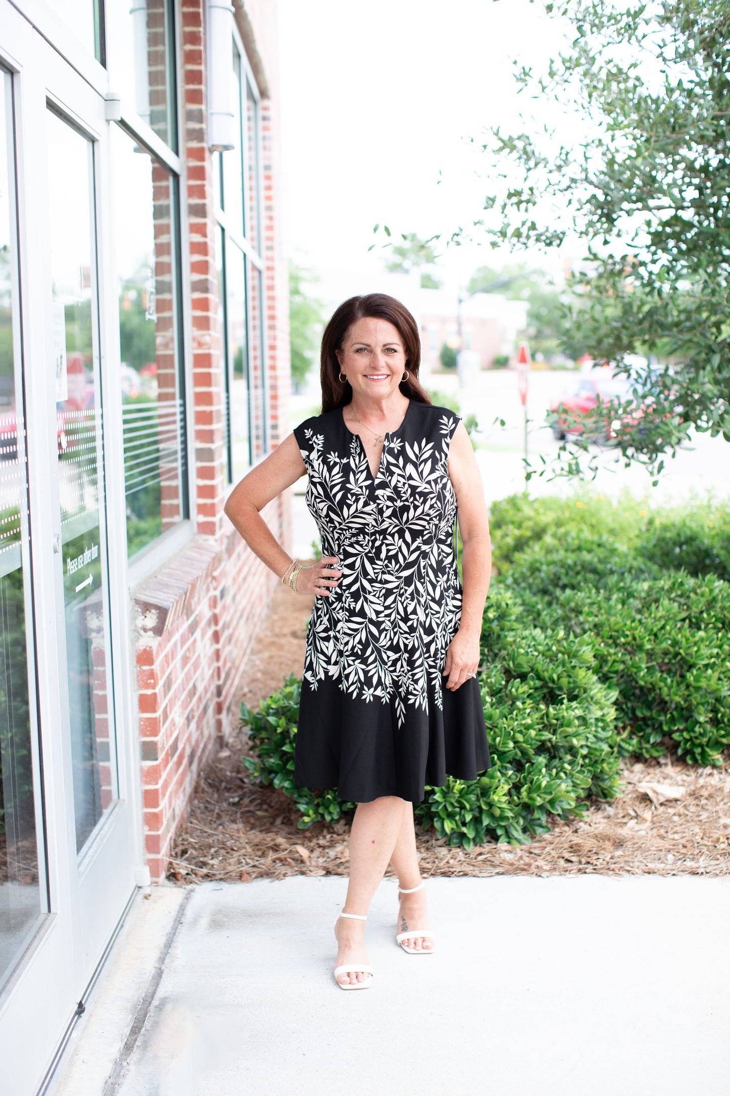 Black/Cream Split Neck Fit and Flare Dress