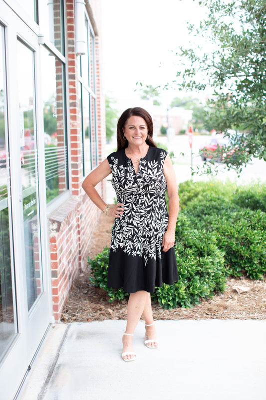 Black/Cream Split Neck Fit and Flare Dress