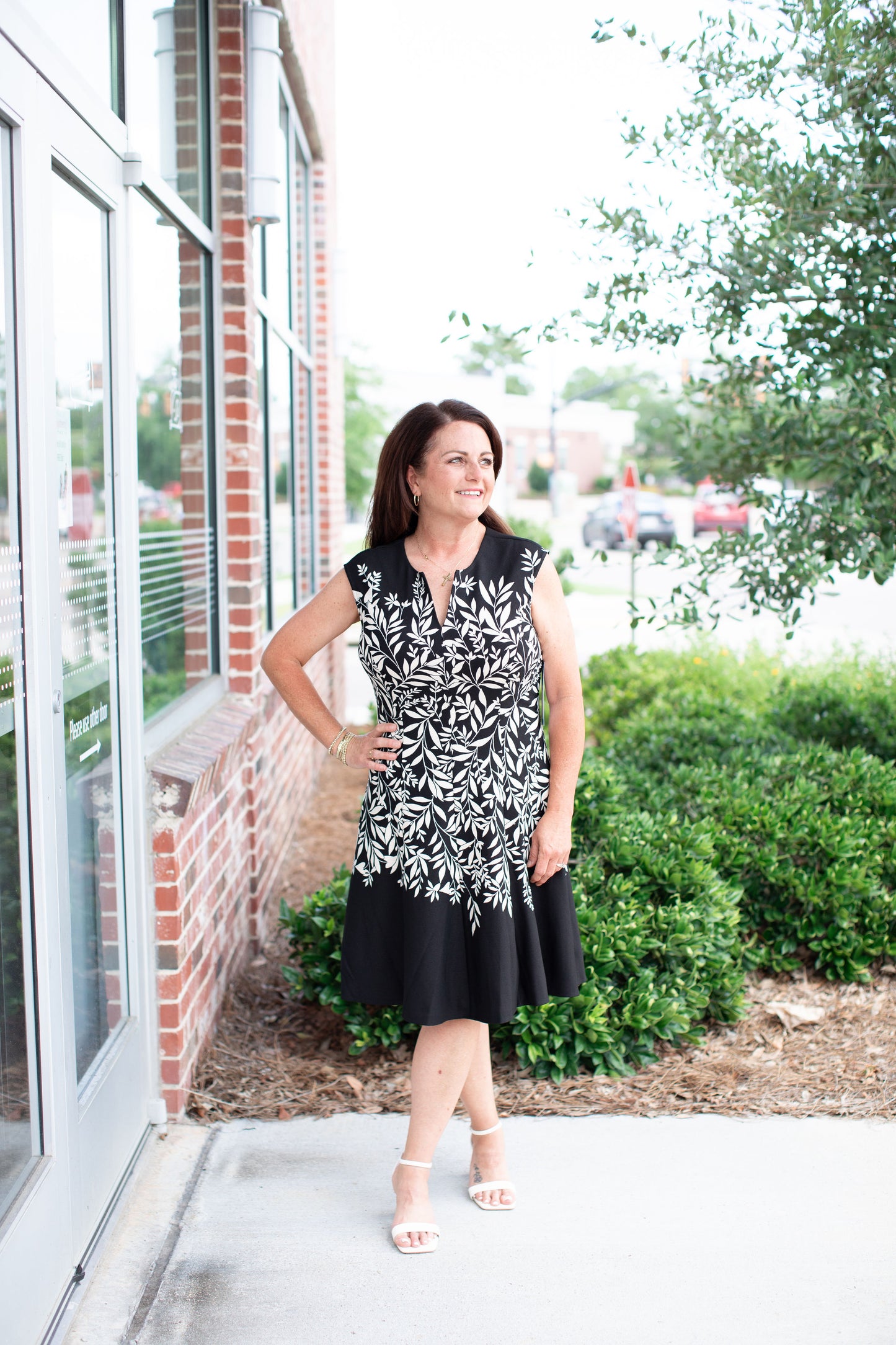 Black/Cream Split Neck Fit and Flare Dress