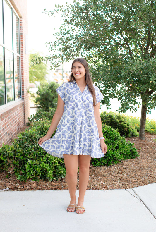 Cream And Blue Collard Fan  Dress