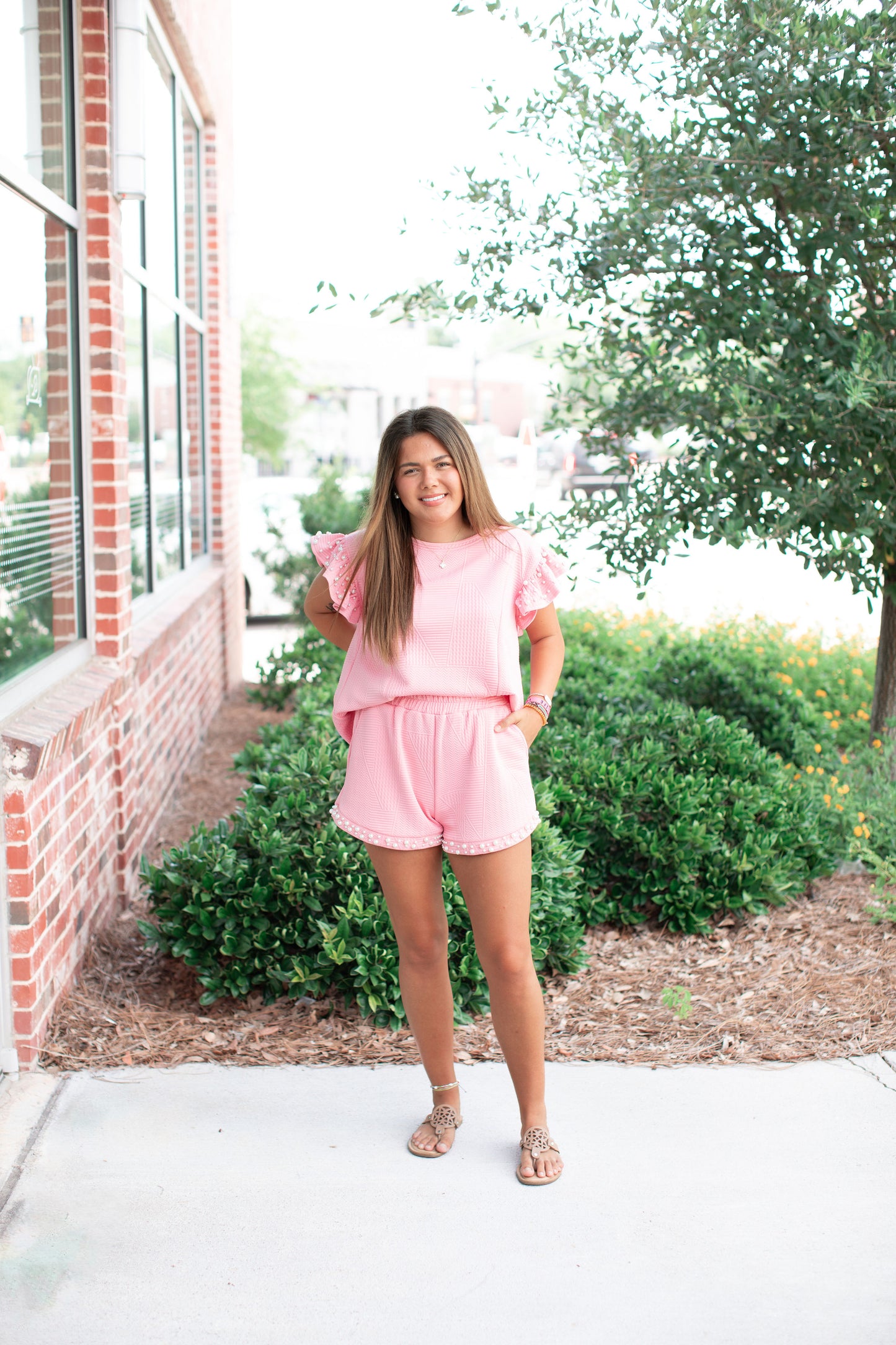 Pink Knit Pearls Top And Shorts Set