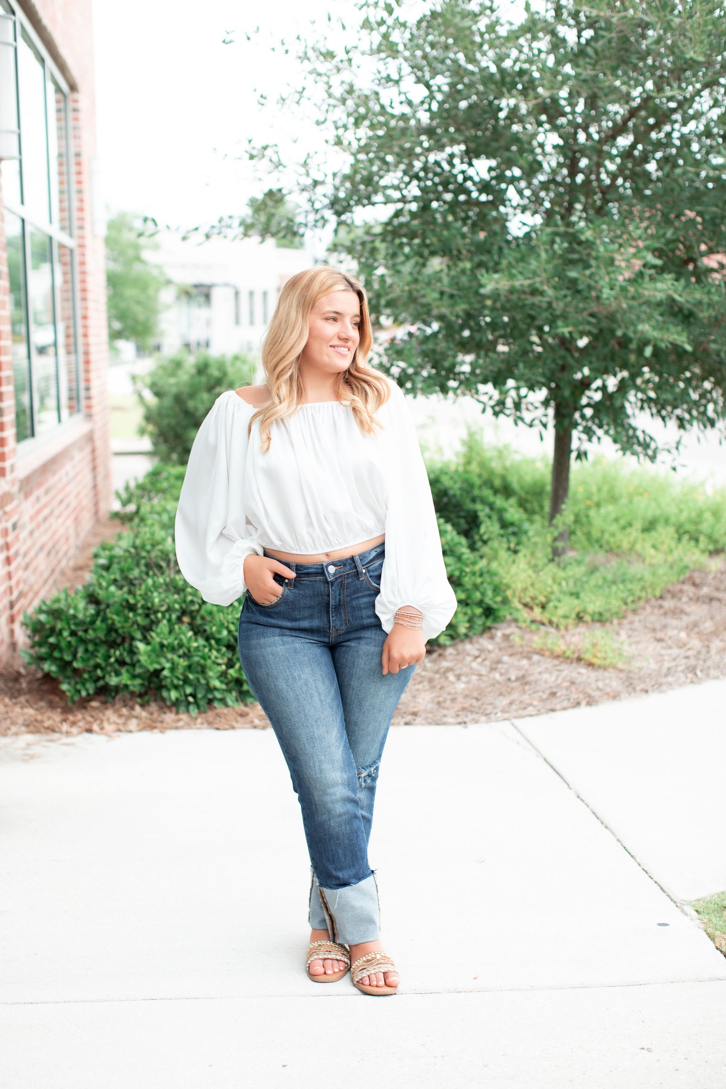 Off Shoulder Satin Balloon Sleeve Top-Off White