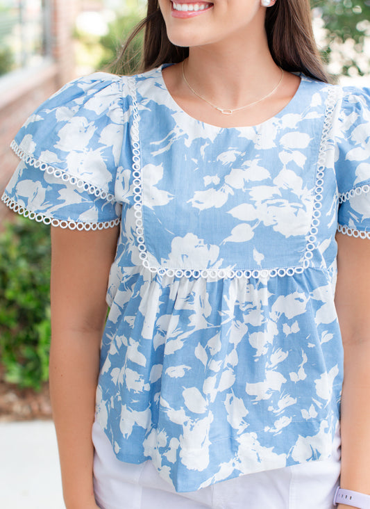 Blue Eyelet Trim Baby Doll Top