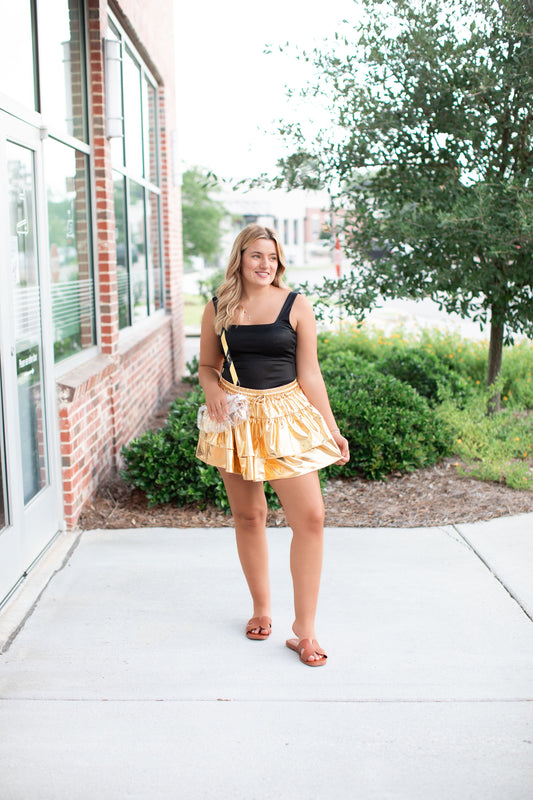 Gold Tiered Foil Knit High Waisted Skort